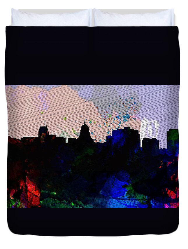 Madison Duvet Cover featuring the painting Madison City Skyline by Naxart Studio