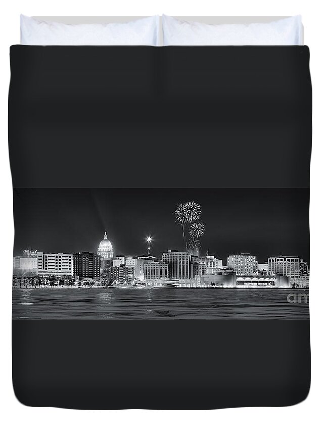 Capitol Duvet Cover featuring the photograph Madison - Wisconsin - New Years Eve Panorama Black and White by Steven Ralser