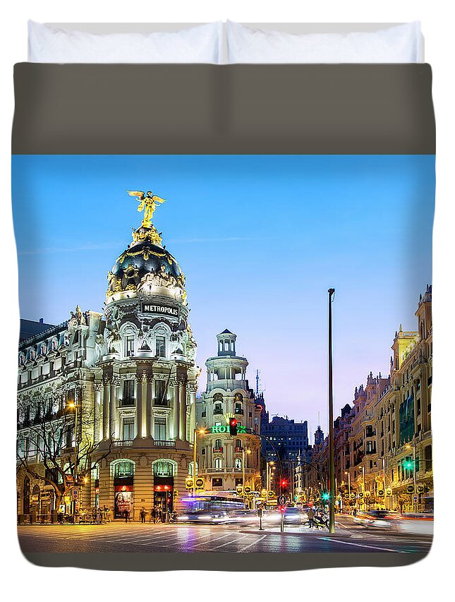 Built Structure Duvet Cover featuring the photograph Madrid, Metropolis Building At Night by Sylvain Sonnet