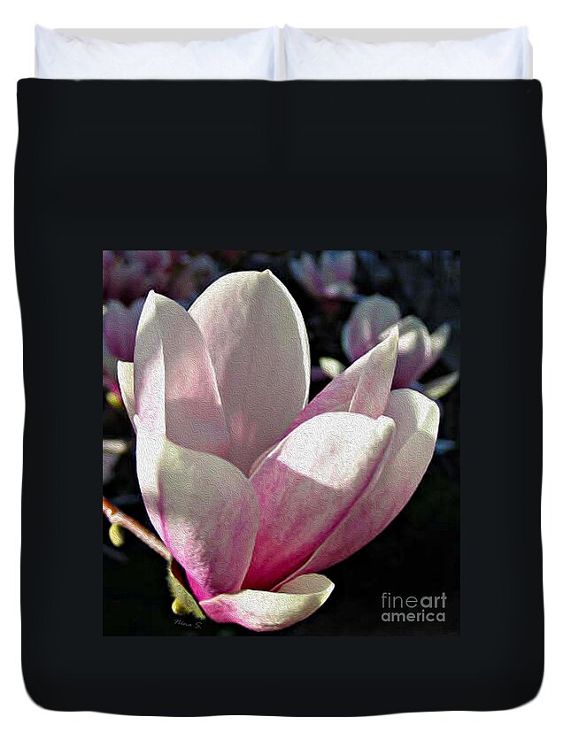 Floral Duvet Cover featuring the photograph Magnolia Blossom at sundown by Nina Silver
