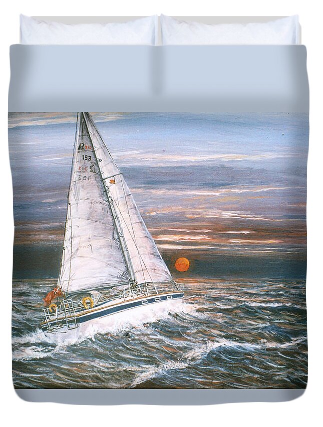 Maid Of Moraira Duvet Cover featuring the painting Maid of Moraira sailing toward Moraira on mainland Spain by Mackenzie Moulton