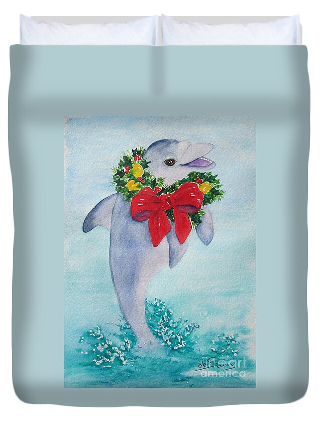 Dolphin Duvet Cover featuring the painting Make a Splash by Diane DeSavoy