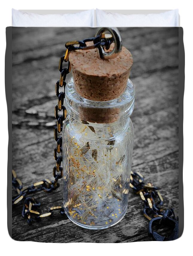 Dandelion Duvet Cover featuring the photograph Make a Wish - Dandelion Seed in Glass Bottle with Gold Fairy Dust Necklace by Marianna Mills