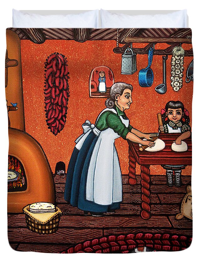 Cook Duvet Cover featuring the painting Making Tortillas by Victoria De Almeida