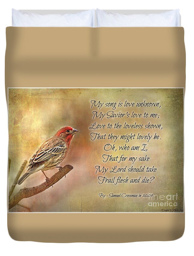 Nature Duvet Cover featuring the photograph Male House Finch with Hymn III by Debbie Portwood