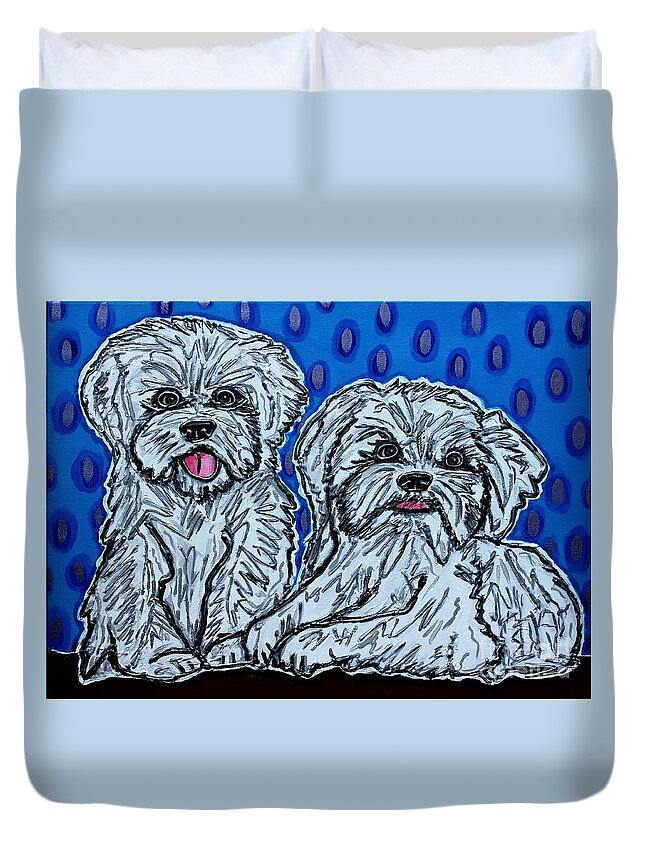 Maltese Duvet Cover featuring the painting Maltese Duo Blue BG by Cynthia Snyder