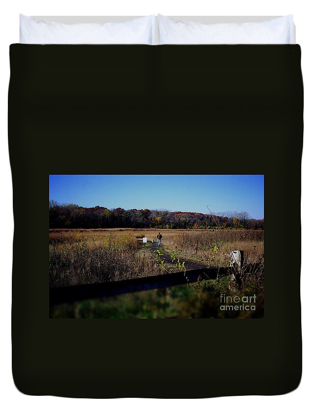  Animal Duvet Cover featuring the photograph Man and Dog Walking the Nature Trail by Frank J Casella