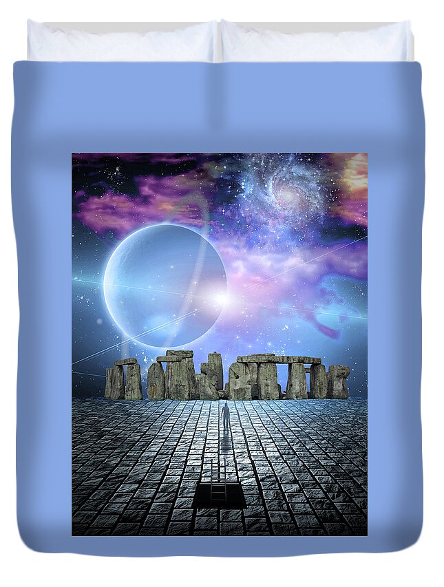 Ancient Duvet Cover featuring the digital art Man before stone structure by Bruce Rolff