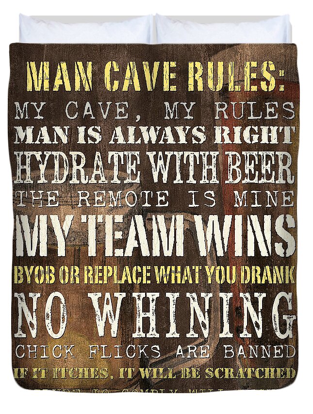 Man Duvet Cover featuring the painting Man Cave Rules 2 by Debbie DeWitt