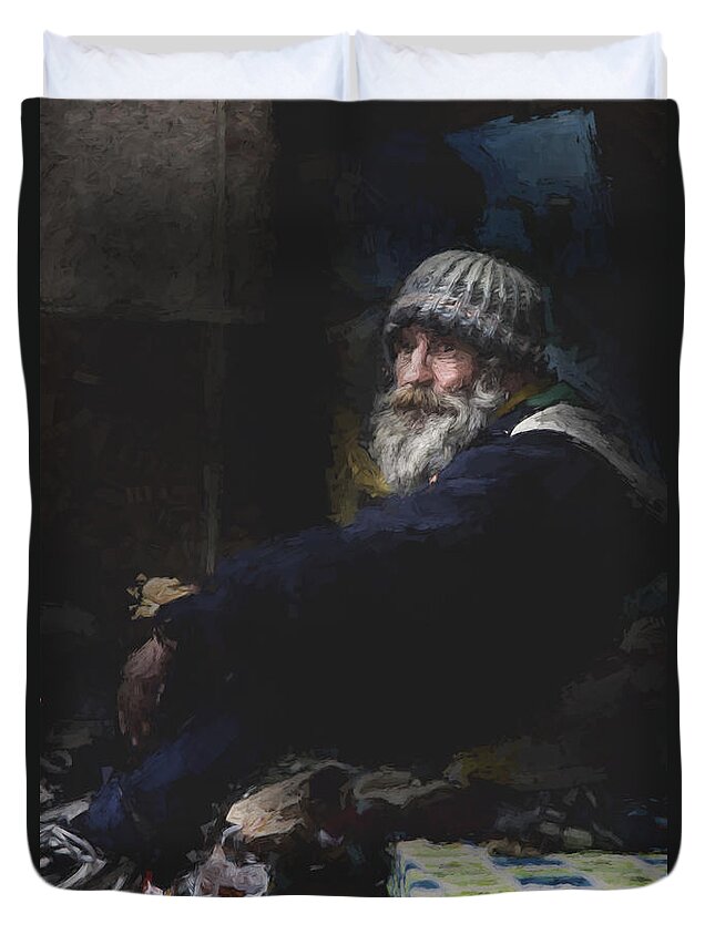 Man In Hat Duvet Cover featuring the photograph Man in woolly hat by Sheila Smart Fine Art Photography