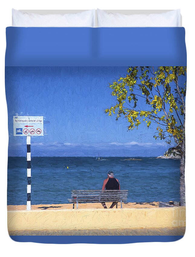 Man On Bench Duvet Cover featuring the photograph Man on bench at Kaiteriteri by Sheila Smart Fine Art Photography