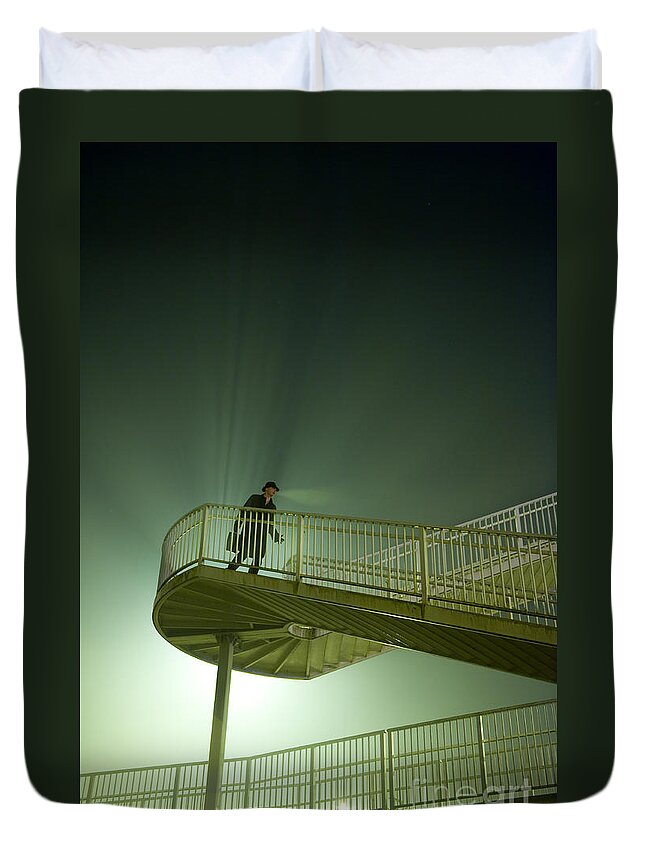 Man Duvet Cover featuring the photograph Man On Stairs With Case In Fog by Lee Avison