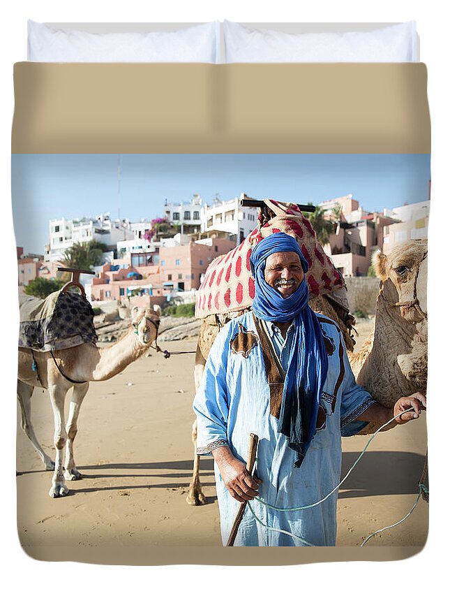 Agadir Duvet Cover featuring the photograph Man With Camel On Beach, Taghazout by Tim E White