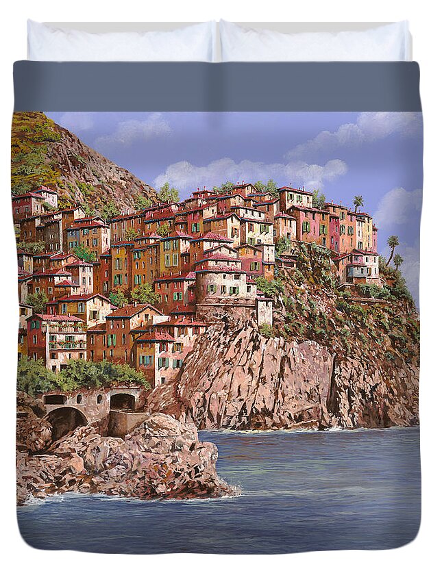 Seascape Duvet Cover featuring the painting Manarola  by Guido Borelli