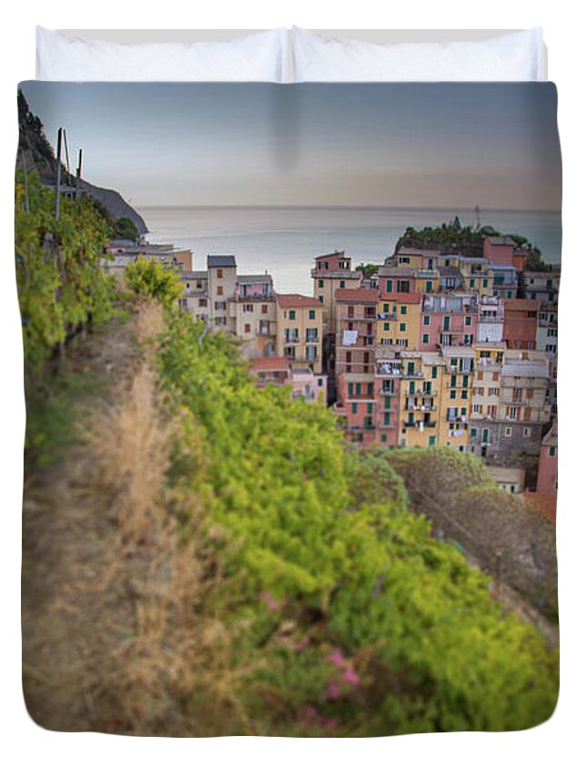 Tranquility Duvet Cover featuring the photograph Manarola Sunrise View From The by Artur Debat