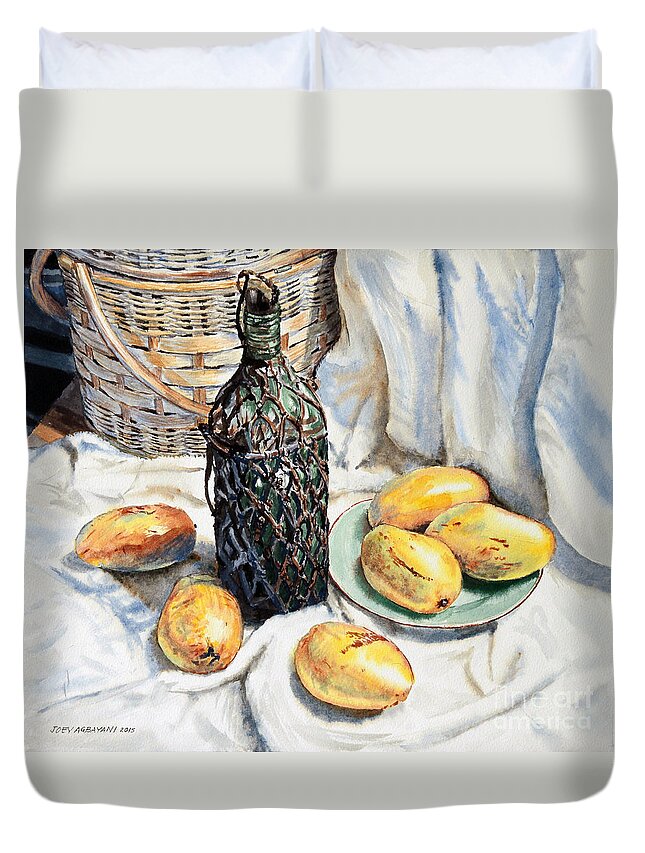 Mangoes Duvet Cover featuring the painting Mangoes and a Bottle of Liqueur by Joey Agbayani