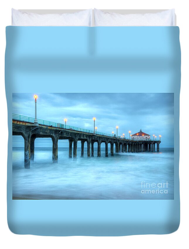 Pier Duvet Cover featuring the photograph Manhattan Beach Pier California by Bob Christopher