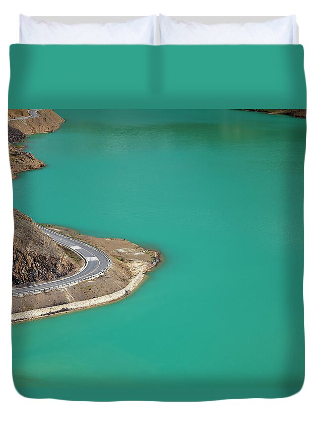 Water's Edge Duvet Cover featuring the photograph Manla Reservoir, Jiangzi County, Tibet by Loonger