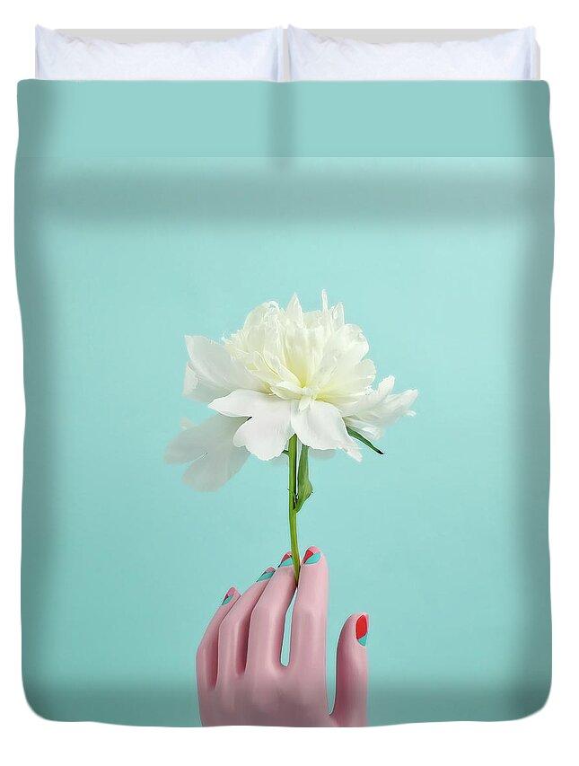 People Duvet Cover featuring the photograph Mannequin Hand Holding White Peony by Juj Winn