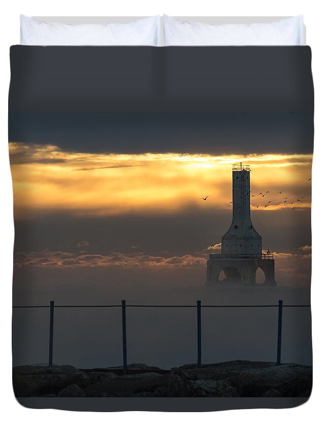  #cold #fog #foggy #icon #landscape #lighthouse #maritime #mist #mood #moody #navigation #sailing #seagull #seascape #sunrise #view Duvet Cover featuring the photograph Many Moods by James Meyer