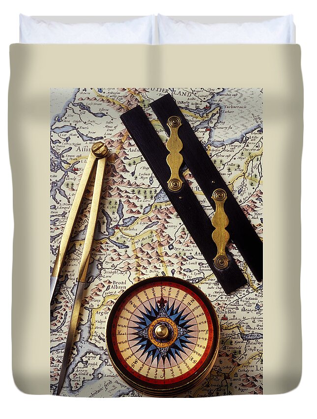 Compass Duvet Cover featuring the photograph Map with compass tools by Garry Gay