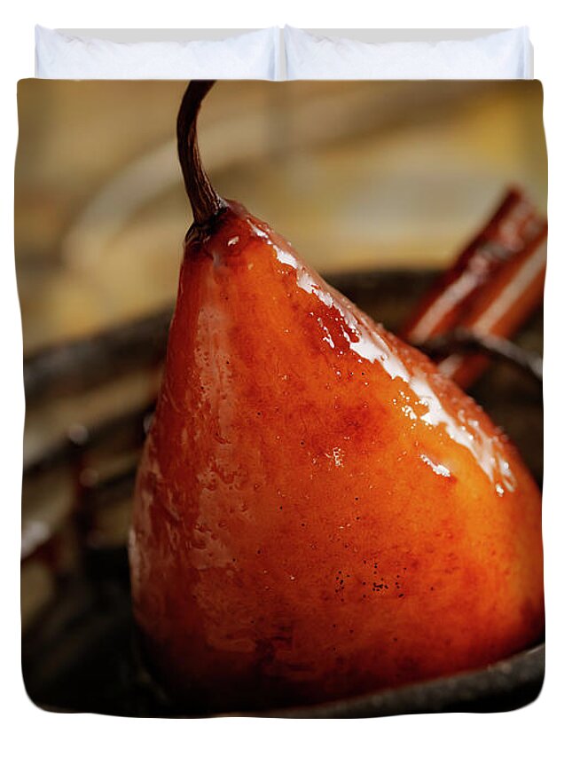 Alcohol Duvet Cover featuring the photograph Maple Glazed Poached Pear by Lauripatterson