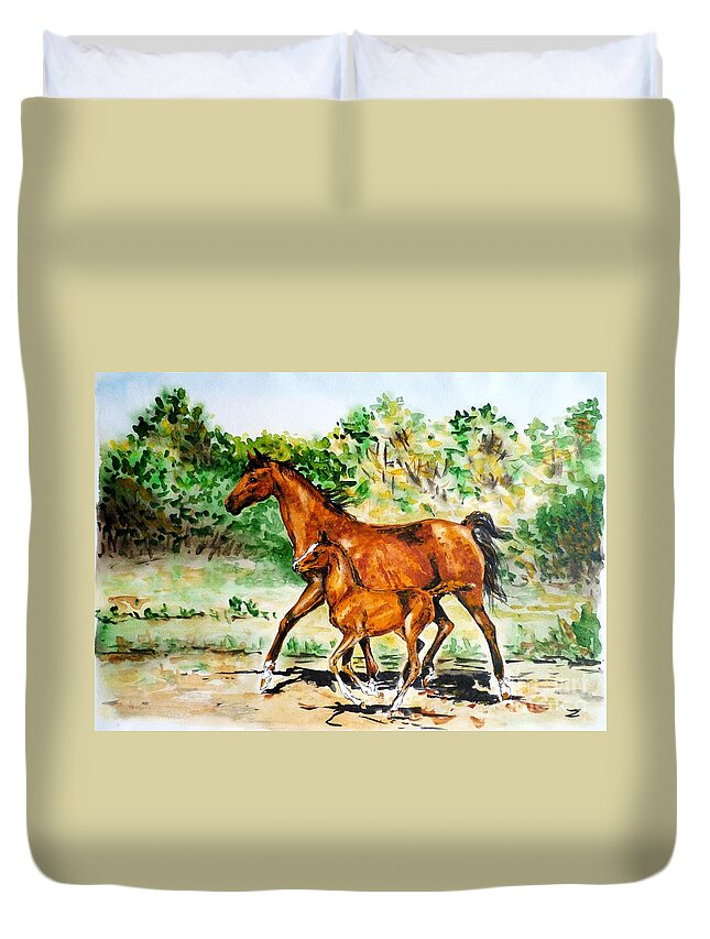 Mare Duvet Cover featuring the painting Mare with Foal by Zaira Dzhaubaeva