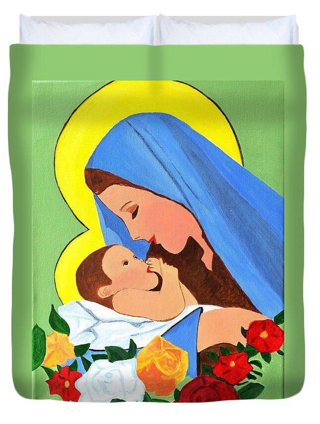 Maria Duvet Cover featuring the painting Maria and baby Jesus by Magdalena Frohnsdorff
