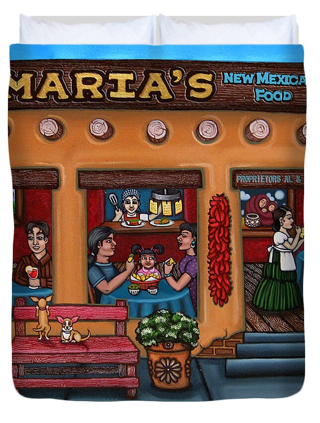Folk Art Duvet Cover featuring the painting Maria's New Mexican Restaurant by Victoria De Almeida