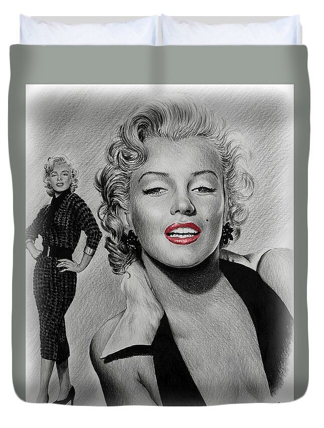 Marilyn Monroe Duvet Cover featuring the drawing Marilyn Hot Lips version by Andrew Read