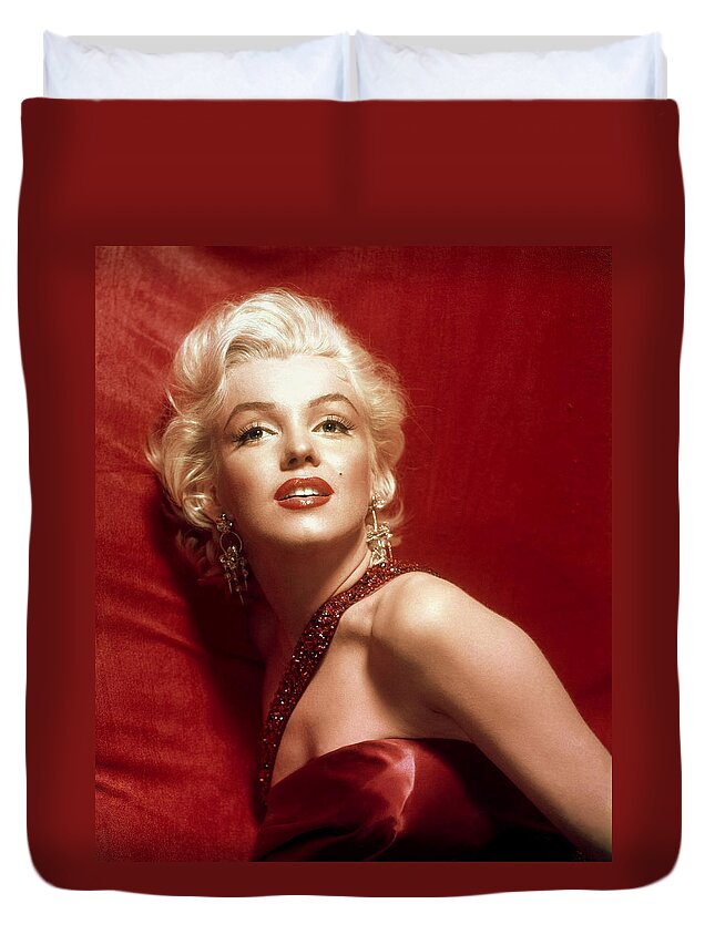 Marilyn Monroe Duvet Cover featuring the digital art Marilyn Monroe in Red by Georgia Fowler