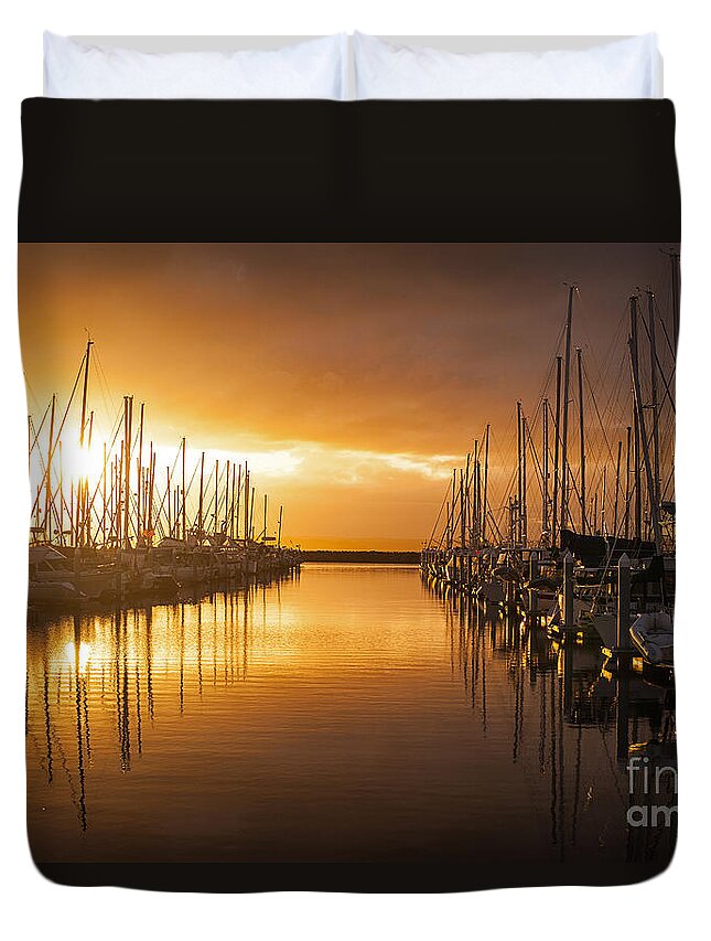 Shilshole Marina Duvet Cover featuring the photograph Marina Golden Sunset by Mike Reid