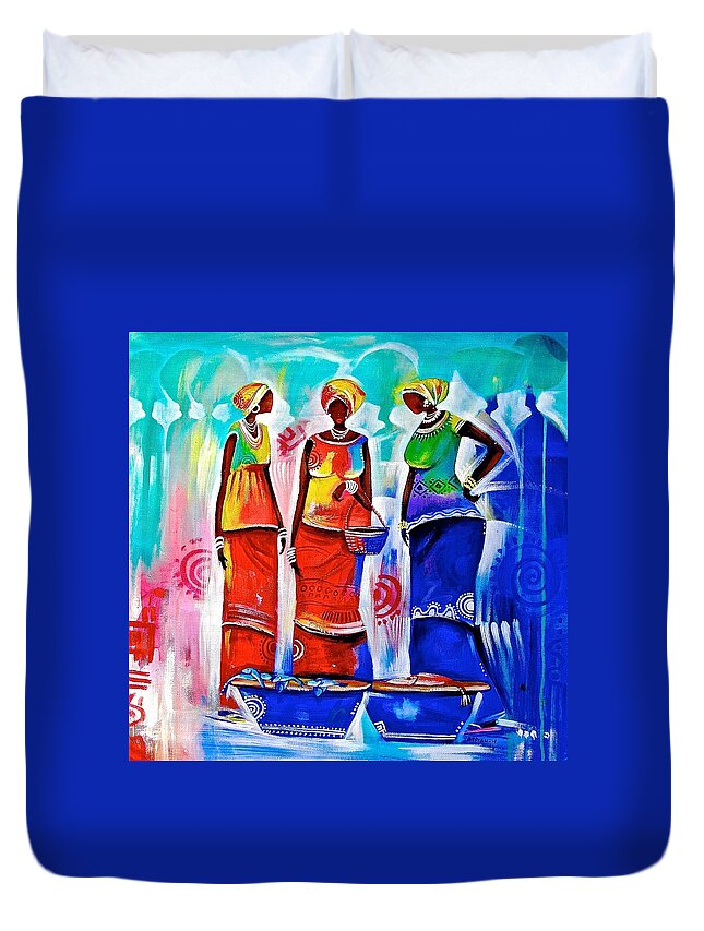 Appiah Ntaiw Duvet Cover featuring the painting Market Ladies by Appiah Ntiaw