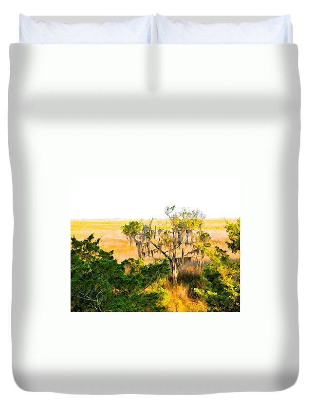 Marsh Duvet Cover featuring the photograph Marsh Cedar Tree and Moss by Ginger Wakem