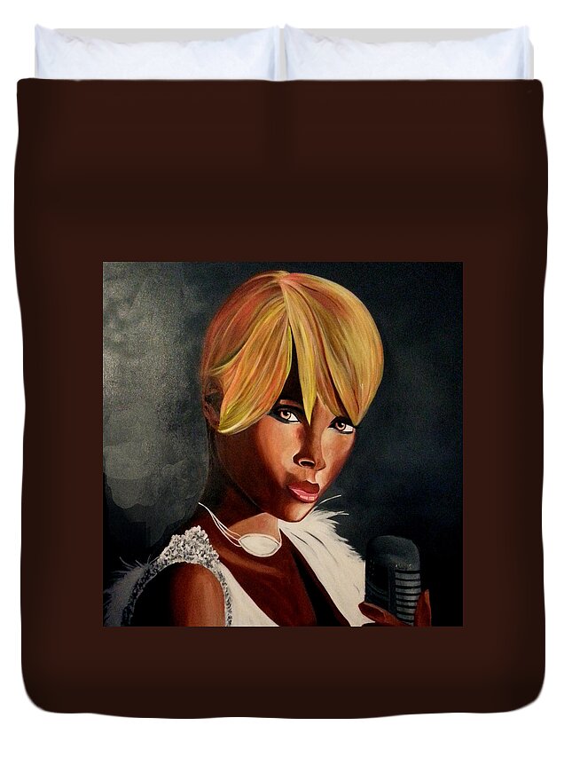 Celebrity Portrait Mary J In White And Shades Of Gray Duvet Cover featuring the painting Mary J by Femme Blaicasso