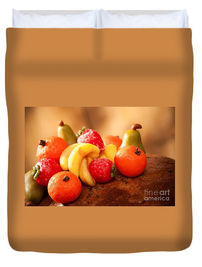 Marzipan Duvet Cover featuring the photograph Marzipan Fruits by Amanda Elwell