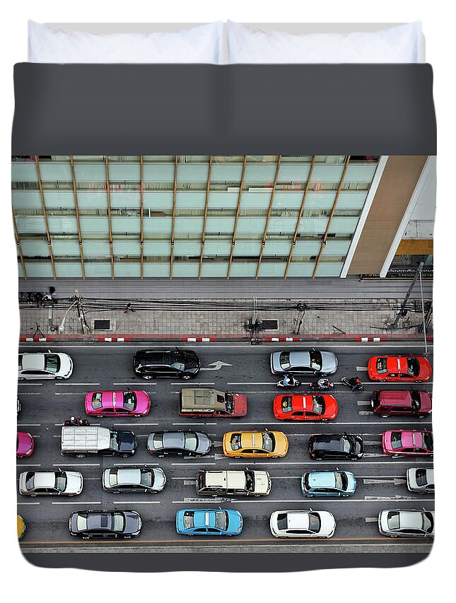 In A Row Duvet Cover featuring the photograph Matchbox Cars Bangkok by Igor Prahin