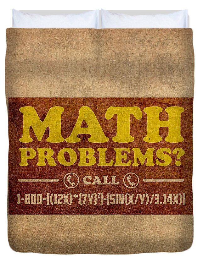 Math Problems Hotline Retro Humor Art Poster Duvet Cover featuring the mixed media Math Problems Hotline Retro Humor Art Poster by Design Turnpike