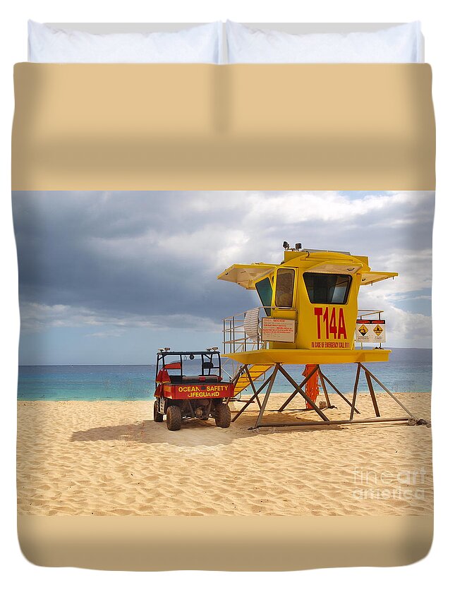 Yellow Duvet Cover featuring the photograph Maui Lifeguard Tower by Vivian Martin