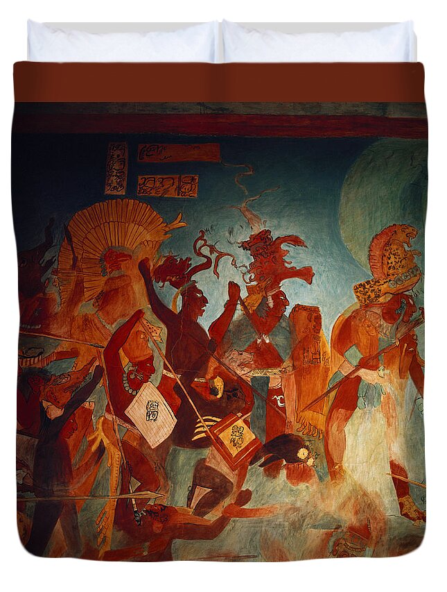 Ancient Duvet Cover featuring the painting Maya Fresco At Bonampak by George Holton