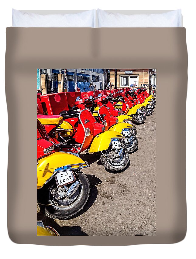 Afternoon Duvet Cover featuring the photograph McDonald's Delivery Scooters by Maria Coulson
