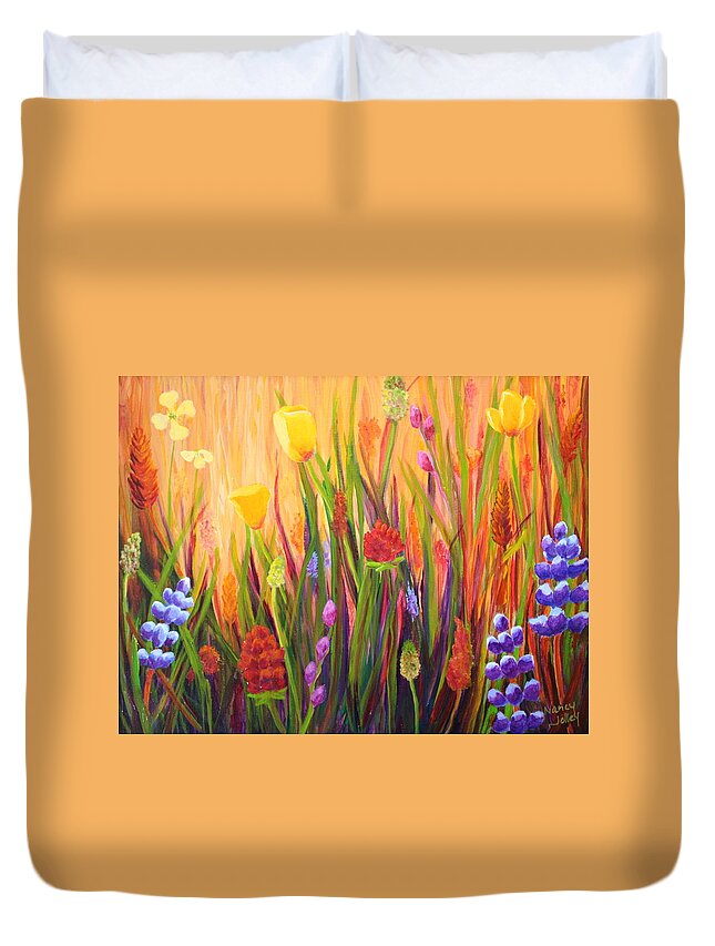 Flower Duvet Cover featuring the painting Meadow Gold by Nancy Jolley