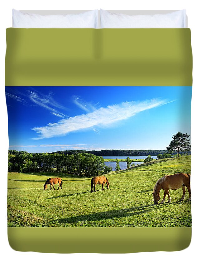 Horse Duvet Cover featuring the photograph Meadow, Horses, Lonely Tree And Lake by Konradlew