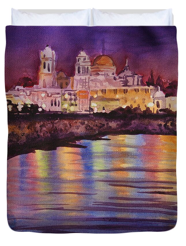 Landscape Duvet Cover featuring the painting Mediteranian City by Heidi E Nelson