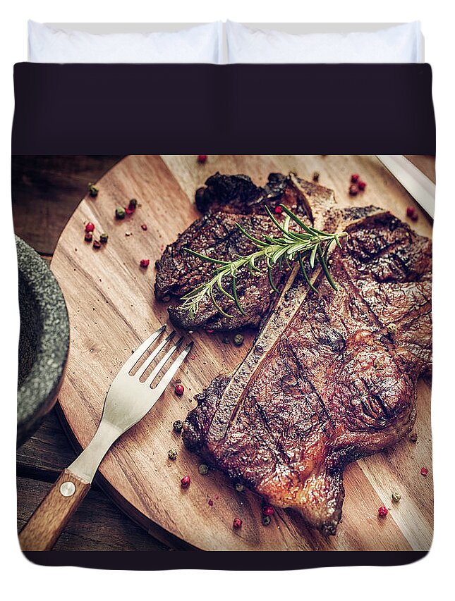 Rosemary Duvet Cover featuring the photograph Medium Roasted T-bone Steak by Gmvozd