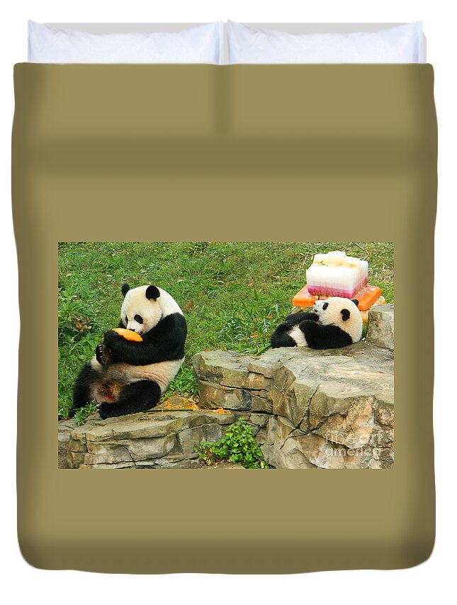 Mei Xiang And Bao Bao In Celebration Duvet Cover featuring the photograph Mei Xiang and Bao Bao In Celebration by Emmy Vickers
