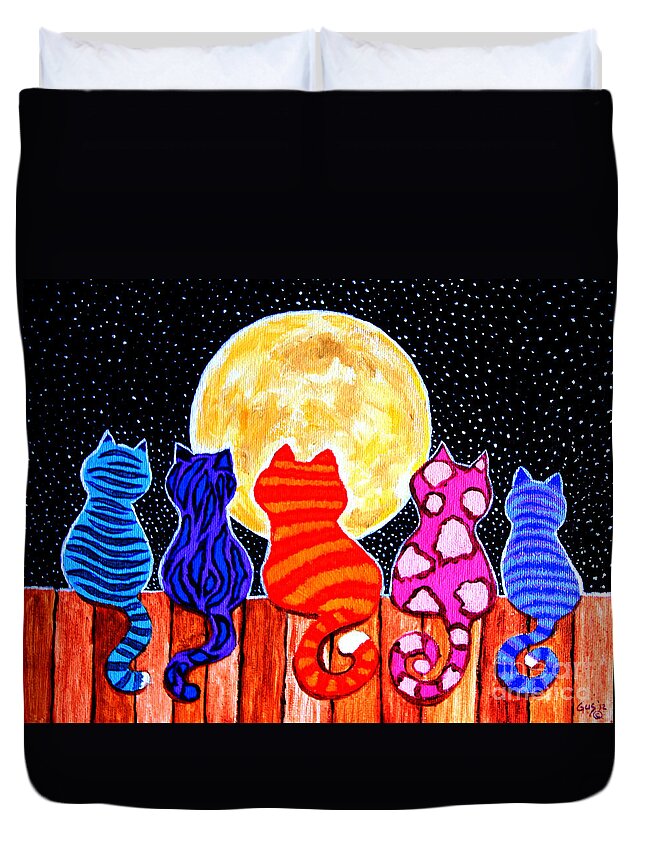 Cats Duvet Cover featuring the painting Meowing at Midnight by Nick Gustafson
