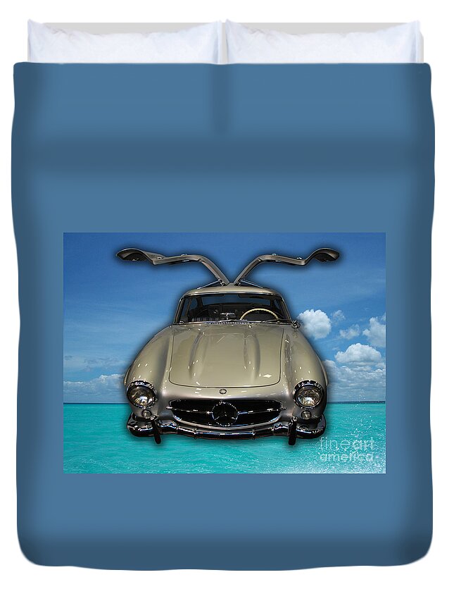 Mercedes Duvet Cover featuring the photograph Mercedes Benz Flys Over Perfect Turquoise Blue by Heather Kirk