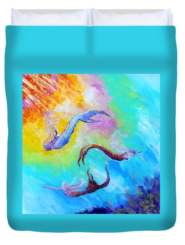Mermaid Duvet Cover featuring the painting Mermaids by Marionette Taboniar