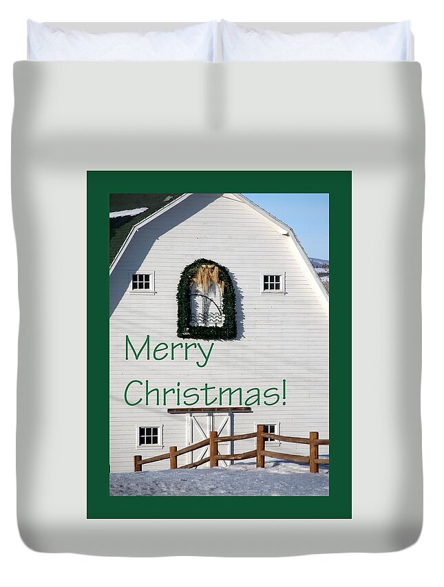 Celebrate Duvet Cover featuring the photograph Merry Christmas Barn Green Border 1186 by Jerry Sodorff
